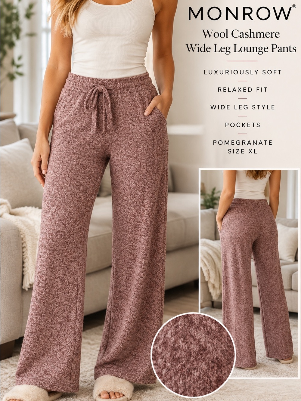 Monrow Wool Cashmere Wide Leg Lounge Pants Women’s Pomegranate XL MONROW